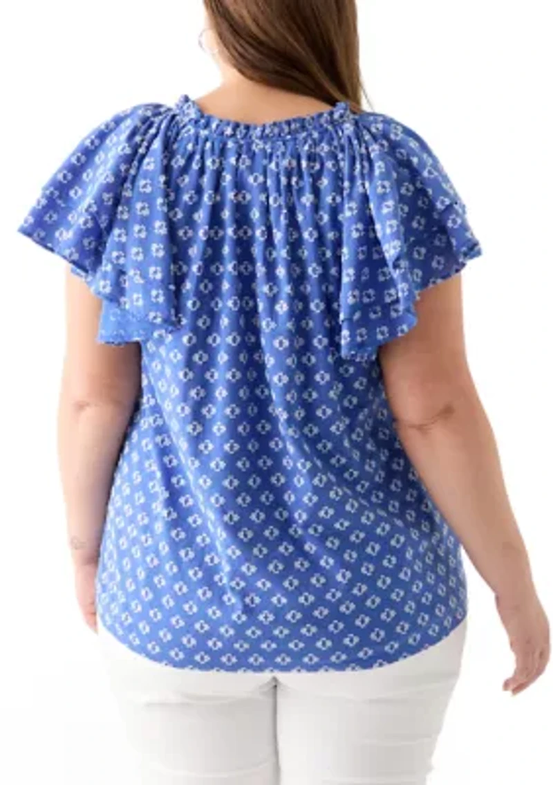 Plus Short Sleeve Double Ruffle Woven Shirt