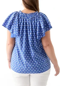 Plus Short Sleeve Double Ruffle Woven Shirt