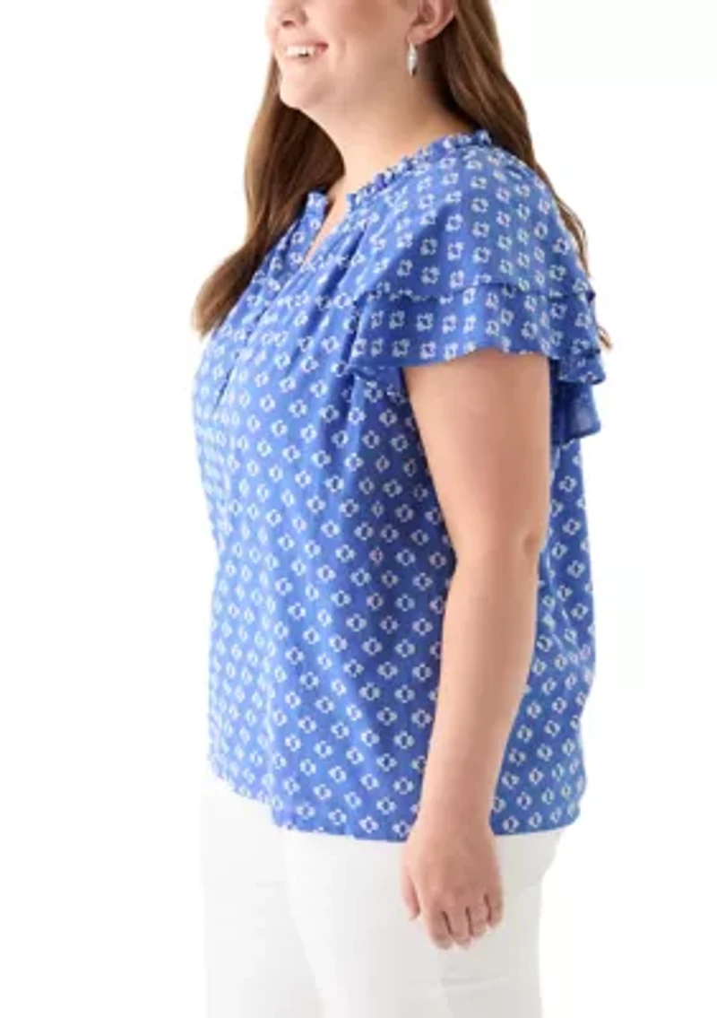 Plus Short Sleeve Double Ruffle Woven Shirt
