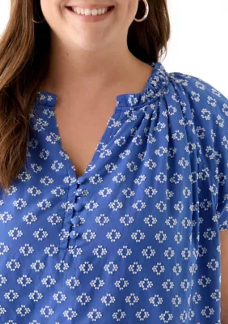 Plus Short Sleeve Double Ruffle Woven Shirt