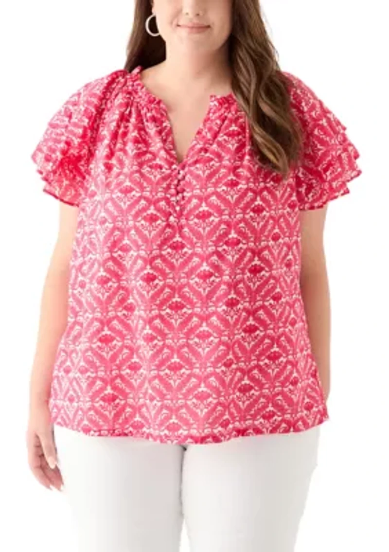 Plus Short Sleeve Double Ruffle Woven Blouse