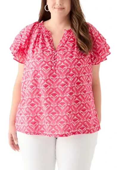 Plus Short Sleeve Double Ruffle Woven Blouse
