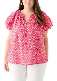 Plus Short Sleeve Double Ruffle Woven Blouse