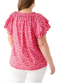 Plus Short Sleeve Double Ruffle Woven Blouse