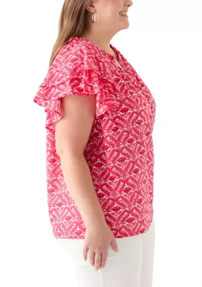 Plus Short Sleeve Double Ruffle Woven Blouse