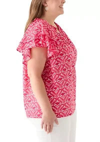 Plus Short Sleeve Double Ruffle Woven Blouse