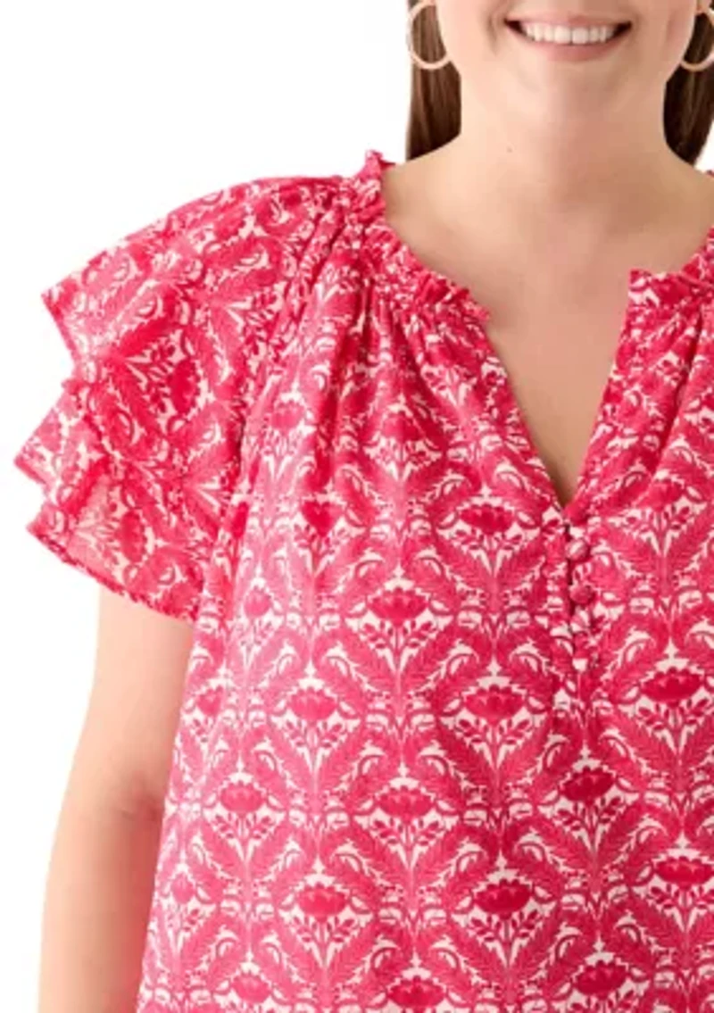 Plus Short Sleeve Double Ruffle Woven Blouse