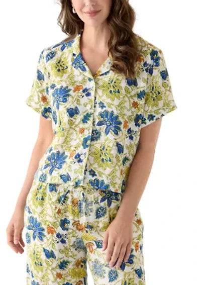 Women's Short-Sleeve Linen Floral Camp Shirt