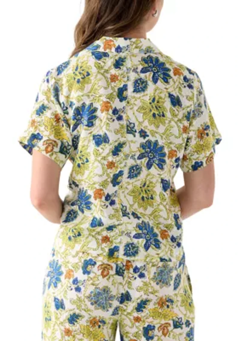 Women's Short-Sleeve Linen Floral Camp Shirt
