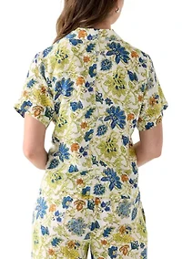 Women's Short-Sleeve Linen Floral Camp Shirt