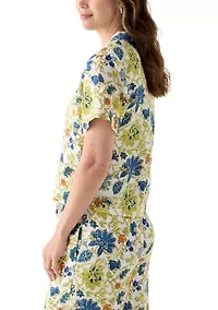 Women's Short-Sleeve Linen Floral Camp Shirt