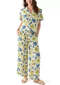Women's Short-Sleeve Linen Floral Camp Shirt