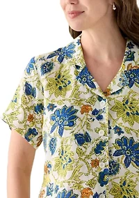 Women's Short-Sleeve Linen Floral Camp Shirt