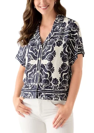 Women's Short-Sleeve Linen Printed Camp Shirt