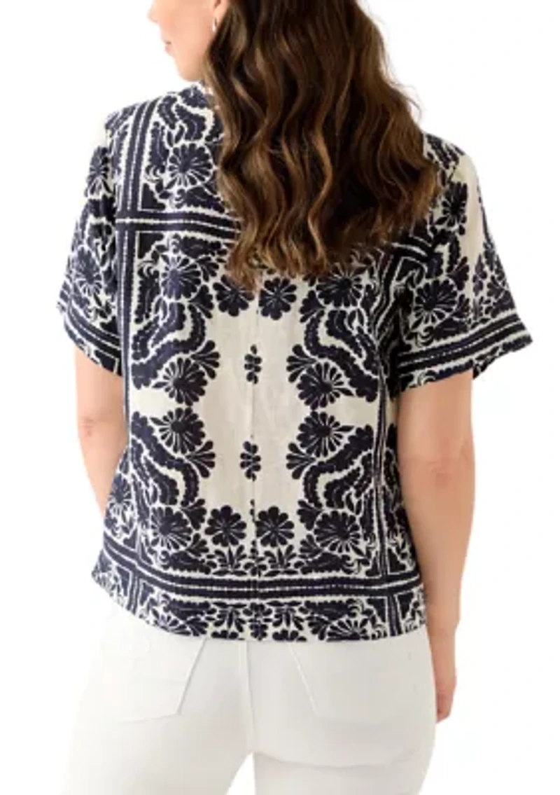 Women's Short-Sleeve Linen Printed Camp Shirt