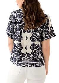 Women's Short-Sleeve Linen Printed Camp Shirt
