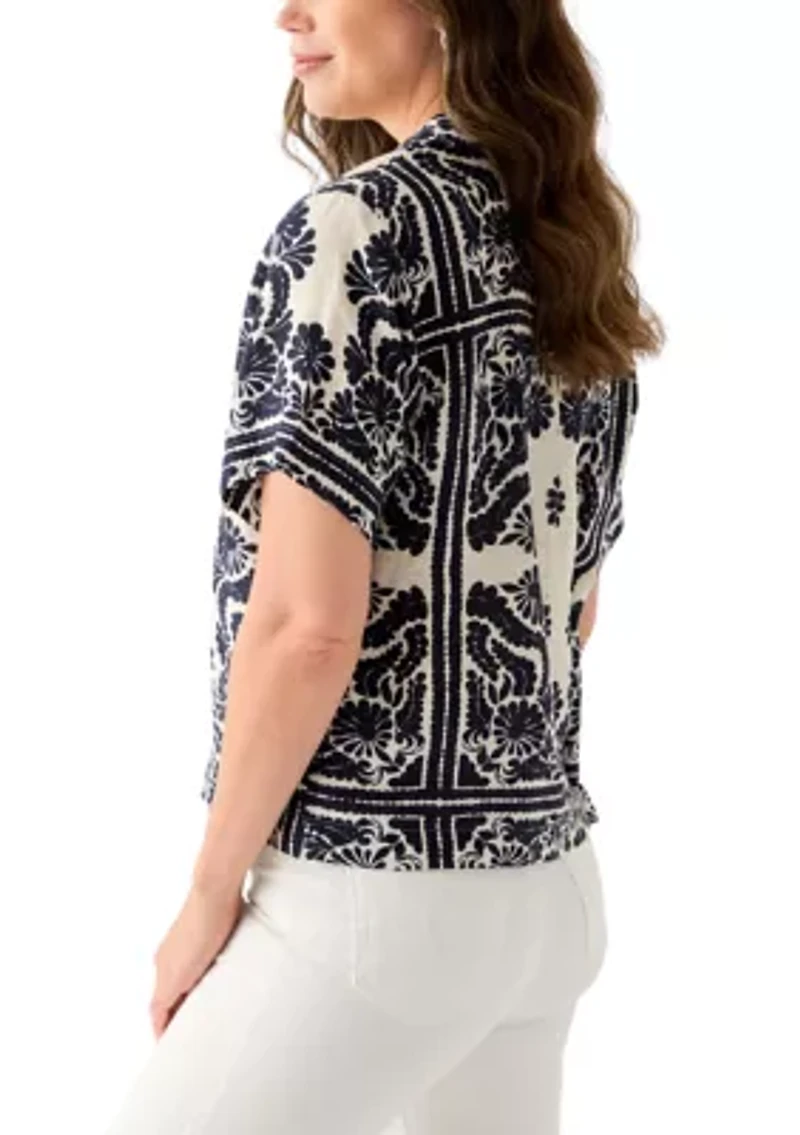 Women's Short-Sleeve Linen Printed Camp Shirt