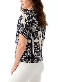 Women's Short-Sleeve Linen Printed Camp Shirt