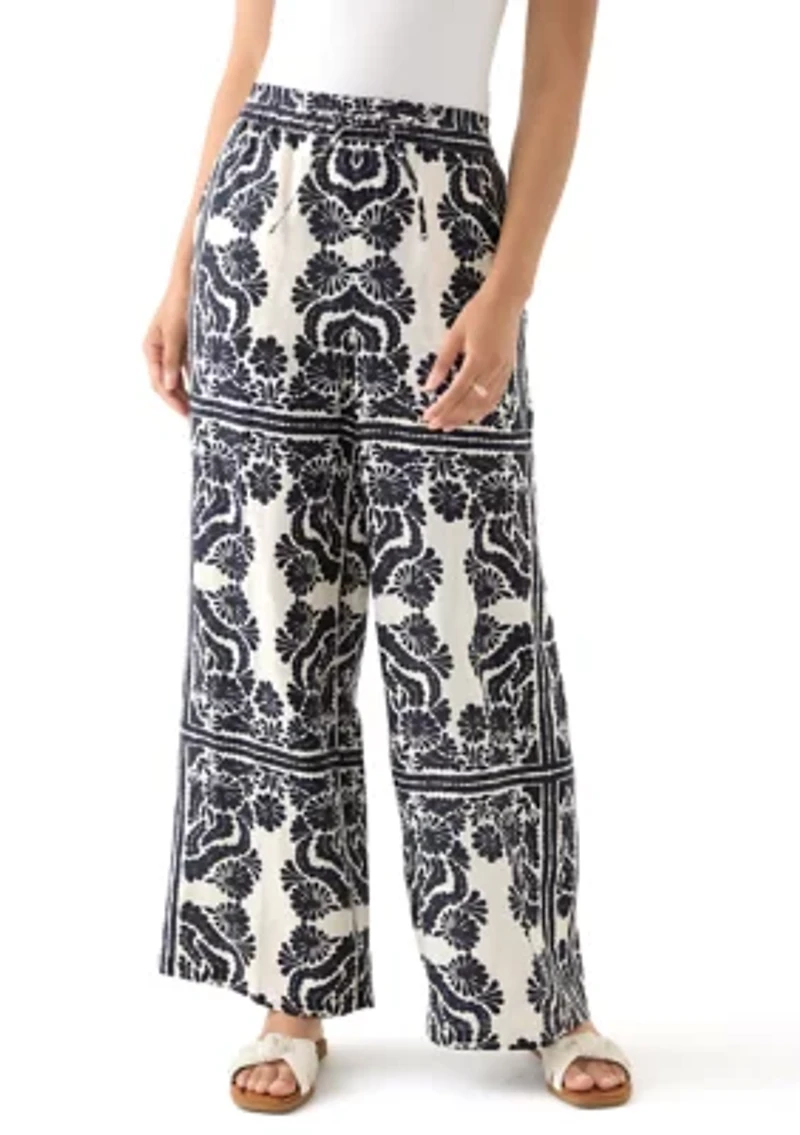 Women's Linen Placement Print Wide Leg Pants