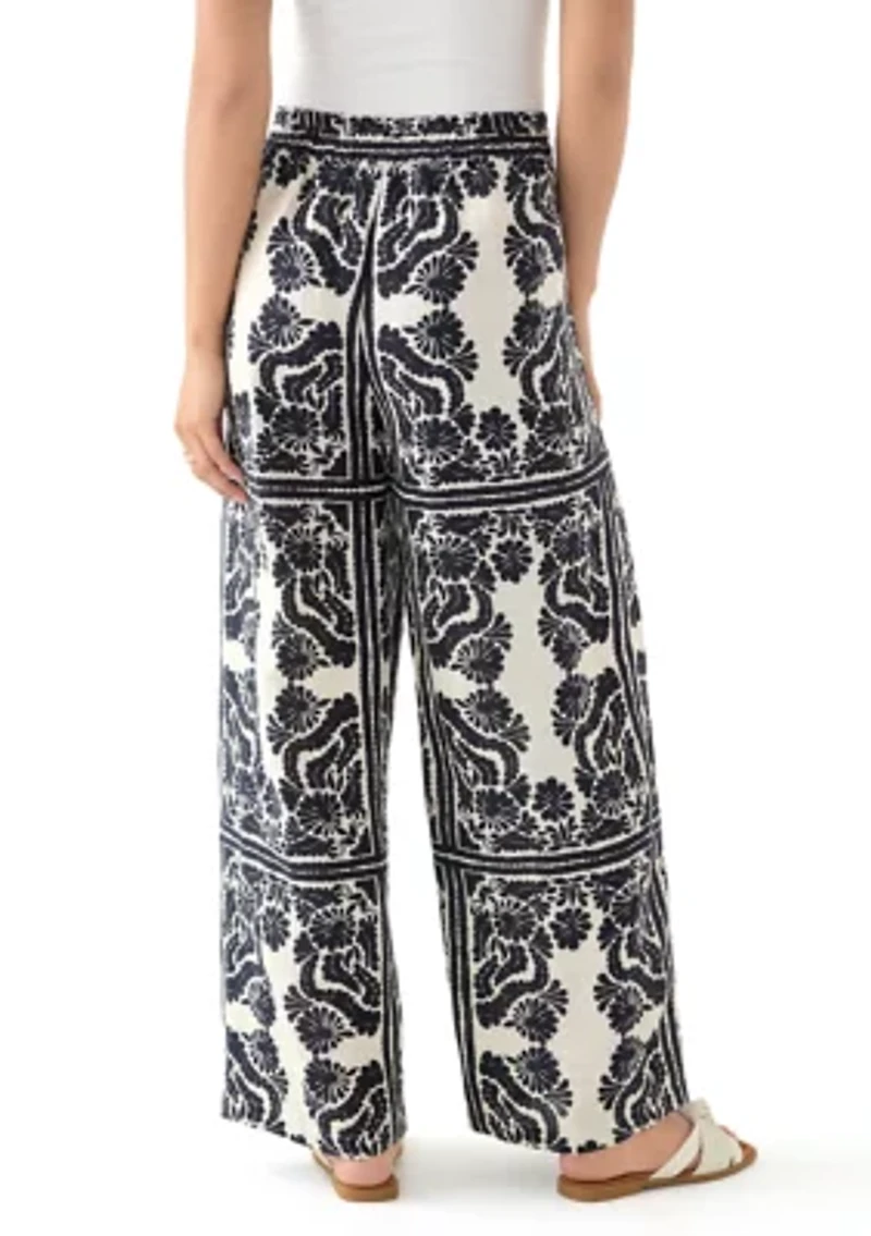 Women's Linen Placement Print Wide Leg Pants