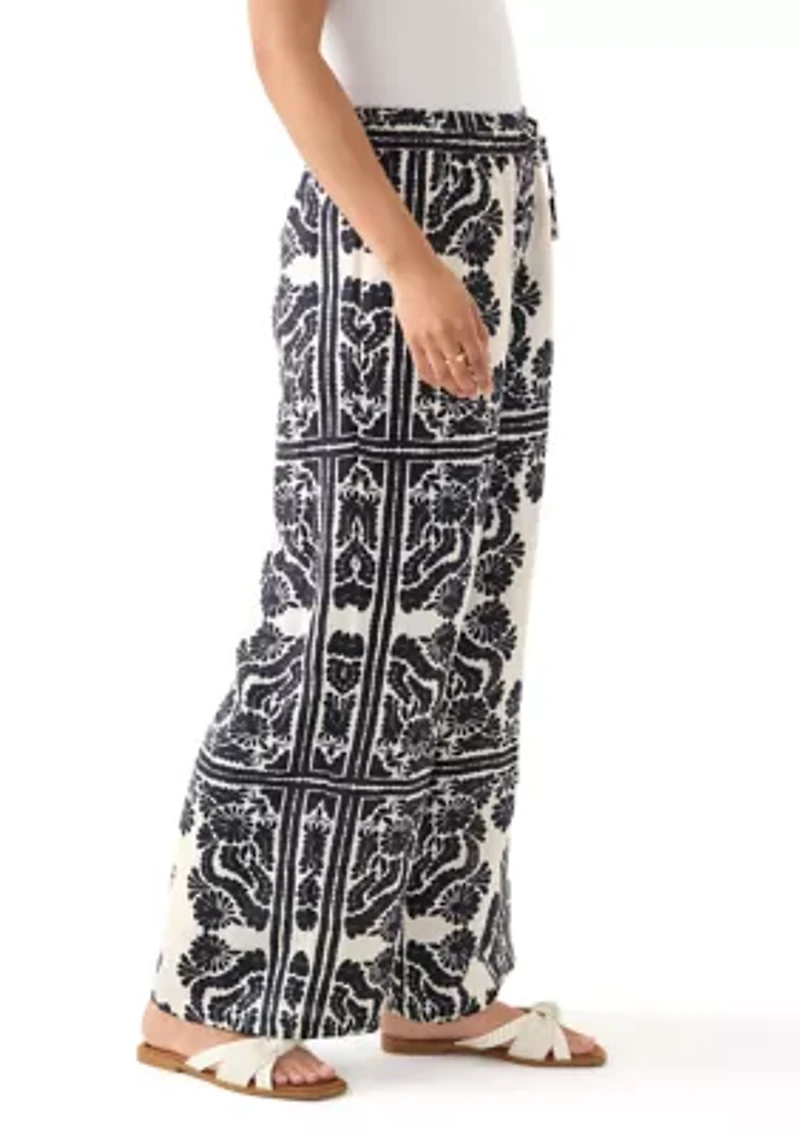 Women's Linen Placement Print Wide Leg Pants