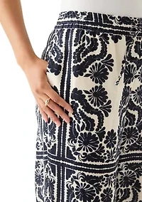 Women's Linen Placement Print Wide Leg Pants