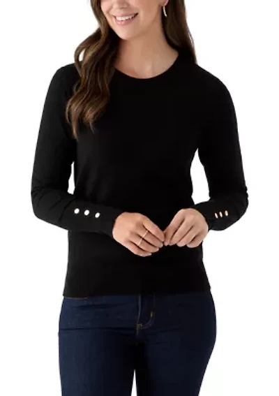 Women's Long Sleeve Button Cuff Crew Neck Sweater