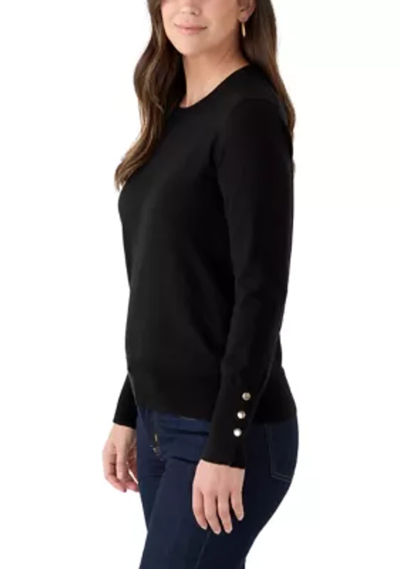 Women's Long Sleeve Button Cuff Crew Neck Sweater