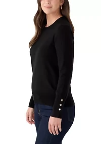 Women's Long Sleeve Button Cuff Crew Neck Sweater