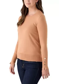 Women's Long Sleeve Button Cuff Crew Neck Sweater