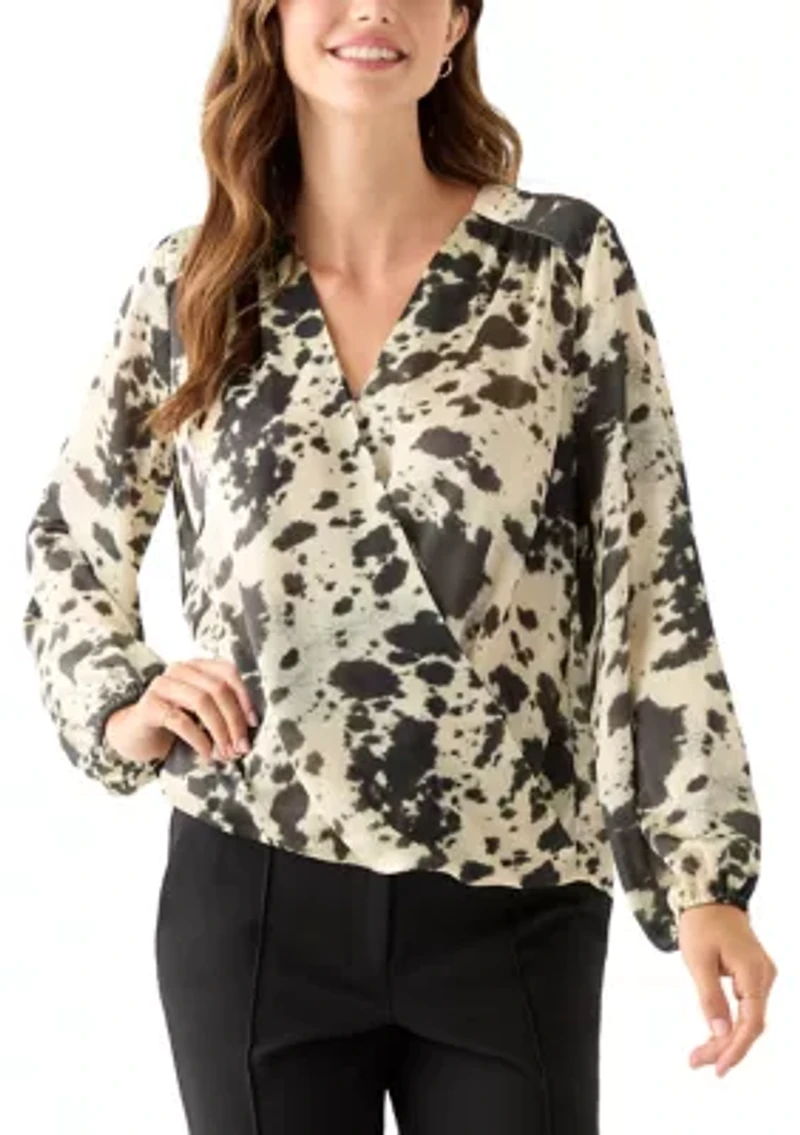 Women's Blouson Sleeve Cow Print Wrap Blouse