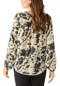 Women's Blouson Sleeve Cow Print Wrap Blouse