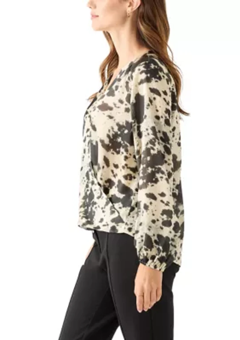 Women's Blouson Sleeve Cow Print Wrap Blouse