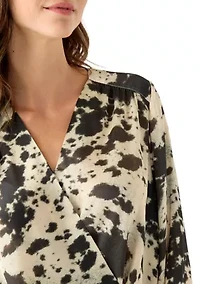 Women's Blouson Sleeve Cow Print Wrap Blouse
