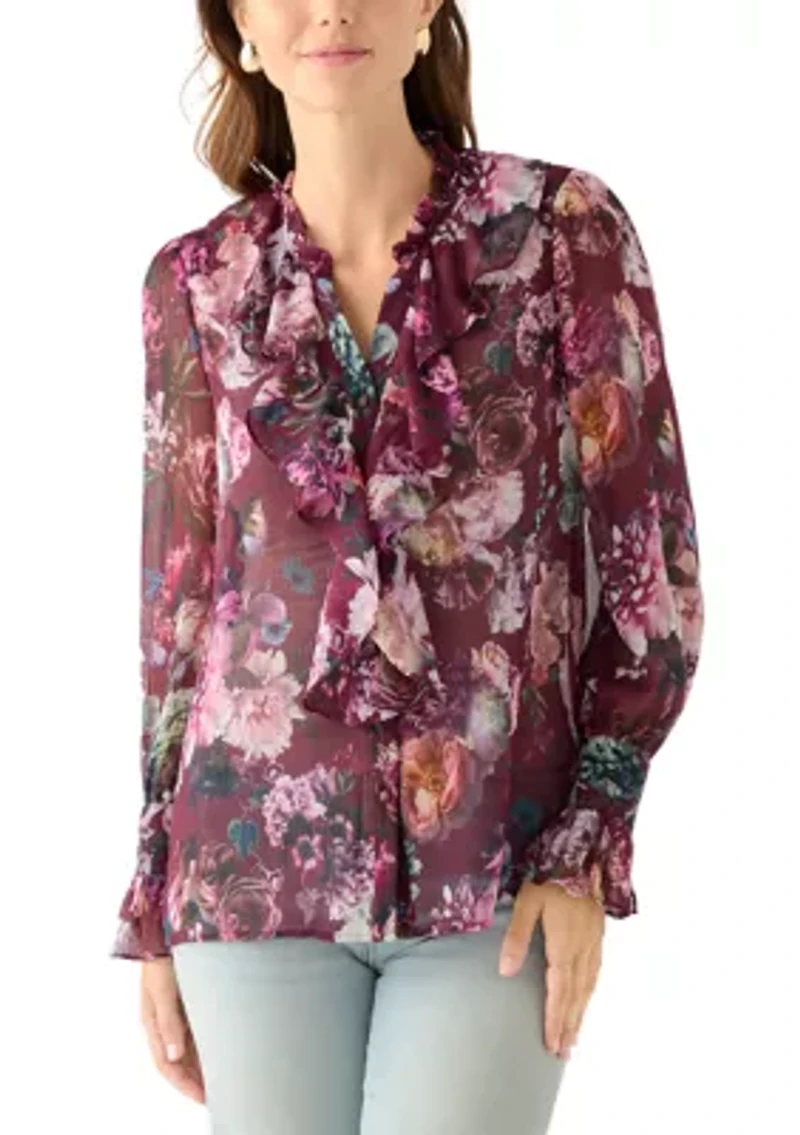Women's Long Sleeve Ruffle Front Floral Blouse
