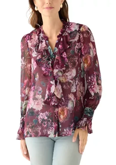 Women's Long Sleeve Ruffle Front Floral Blouse