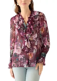 Women's Long Sleeve Ruffle Front Floral Blouse