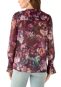 Women's Long Sleeve Ruffle Front Floral Blouse