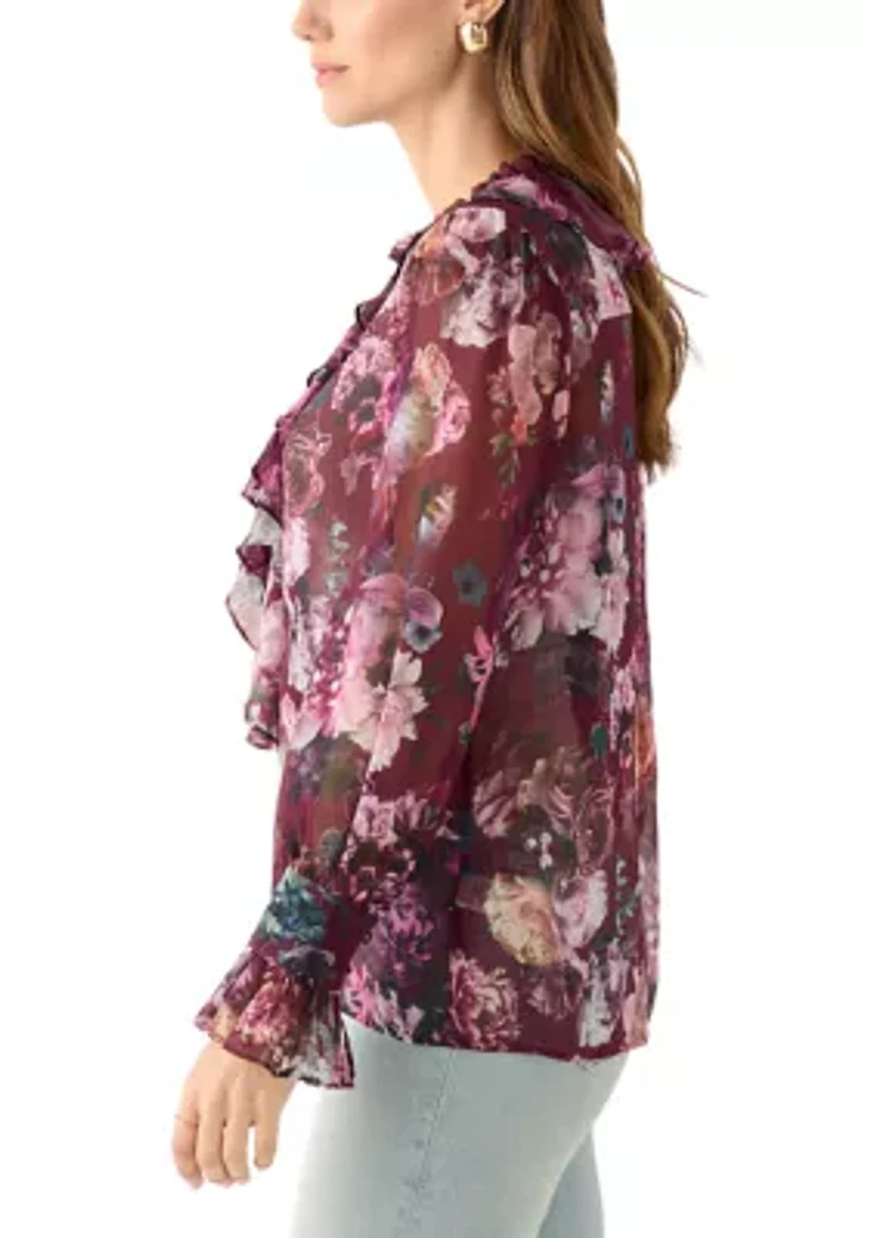 Women's Long Sleeve Ruffle Front Floral Blouse