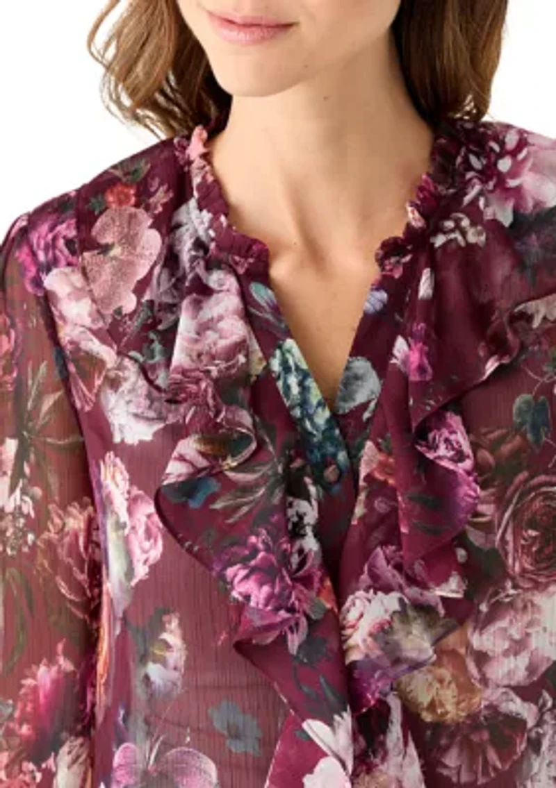 Women's Long Sleeve Ruffle Front Floral Blouse