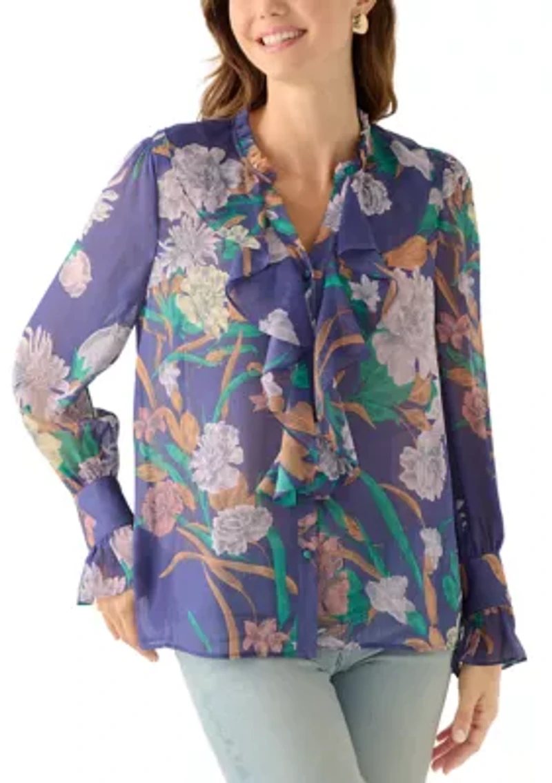 Women's Long Sleeve Ruffle Front Floral Blouse