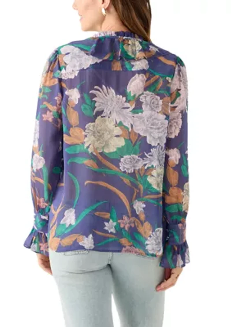 Women's Long Sleeve Ruffle Front Floral Blouse