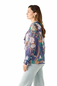 Women's Long Sleeve Ruffle Front Floral Blouse