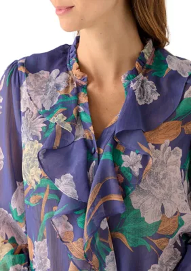 Women's Long Sleeve Ruffle Front Floral Blouse