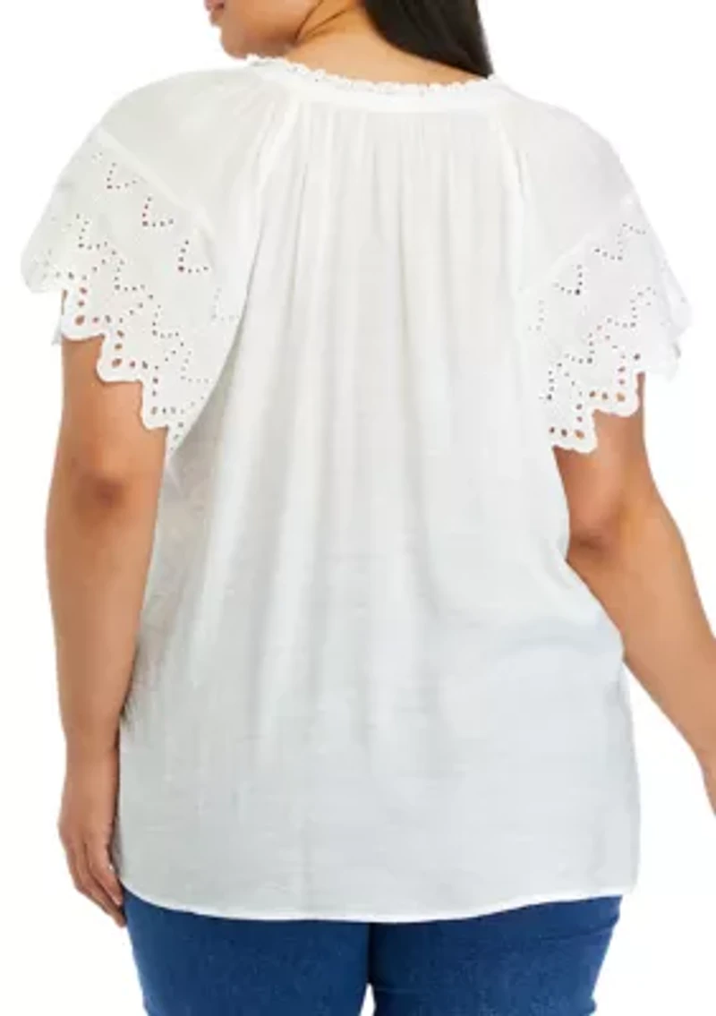 Plus Short Embroidered Sleeve Split Tie-Neck Top with Crochet Neck Detail