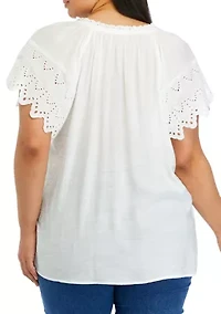 Plus Short Embroidered Sleeve Split Tie-Neck Top with Crochet Neck Detail
