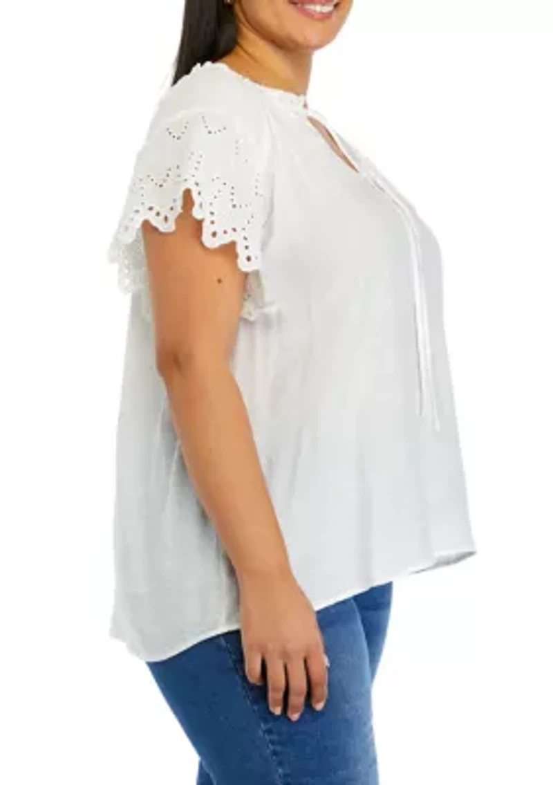 Plus Short Embroidered Sleeve Split Tie-Neck Top with Crochet Neck Detail