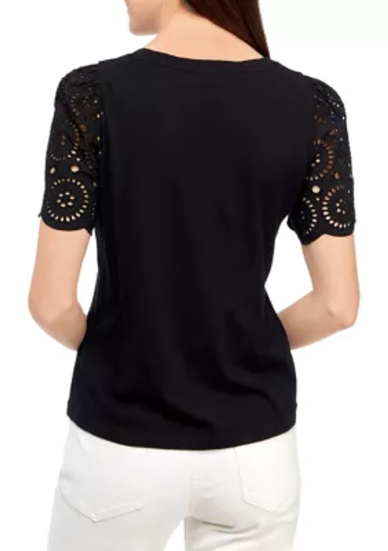 Petite Short Sleeve Eyelet Top