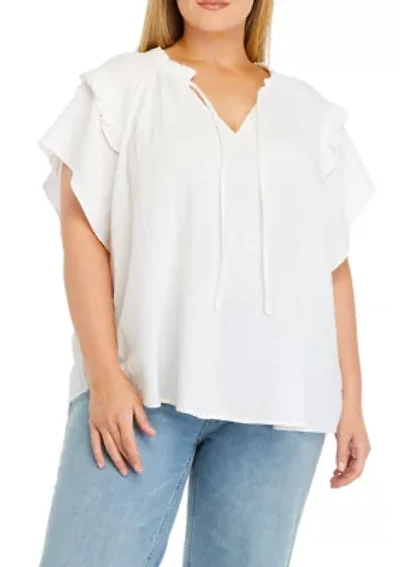 Plus Crinkle Gauze Ruffle Neck Flutter Sleeve Top
