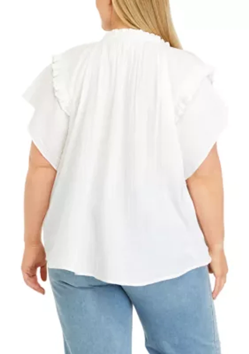 Plus Crinkle Gauze Ruffle Neck Flutter Sleeve Top